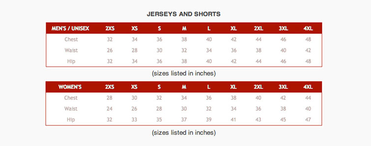 Brevet Cycle Clothing Size Chart