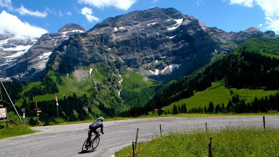 Mike descends into Les Diablerets: Cycling in the Alps is challenging but with our unique professional cycling support you can surpass your expectations on a Brevet cycling holiday