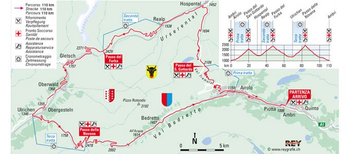 The Granfondo Gottardo route map shows the three 2,000m+ Alpine passes that you'll have to climb over Passo del San Gottardo (2,106m), Passo del Furka (2,429m) and Passo della Nufenen (2,478m)